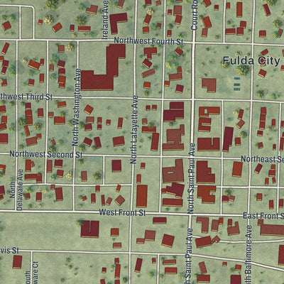 Close-up of the map of Fulda, Minnesota print showing street and building detail