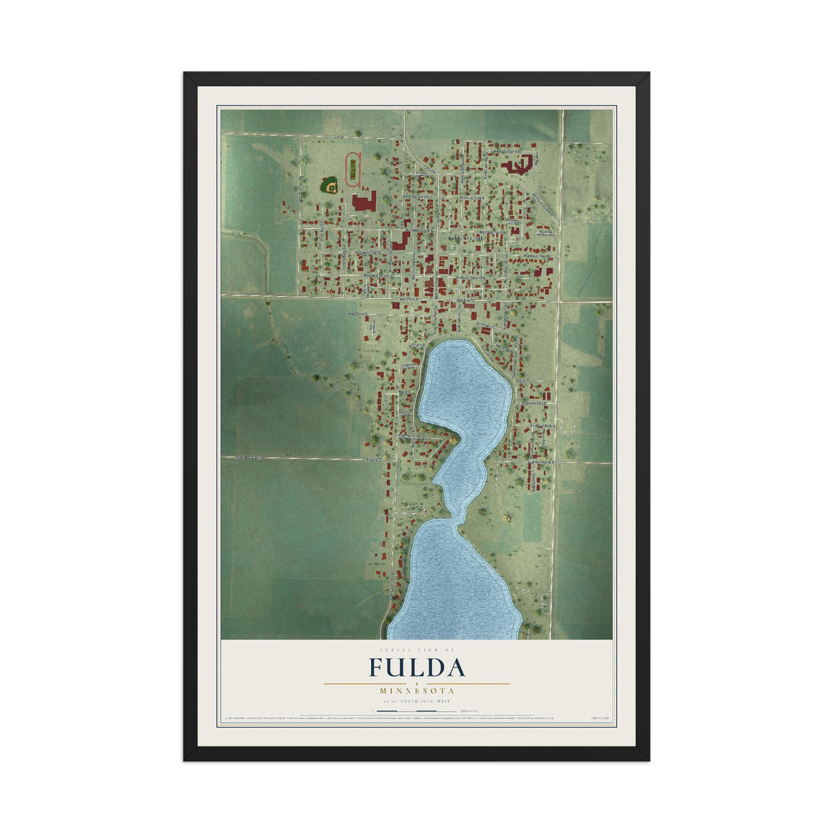 Map of Fulda, Minnesota, 12 x 18 inch print in a black wood frame