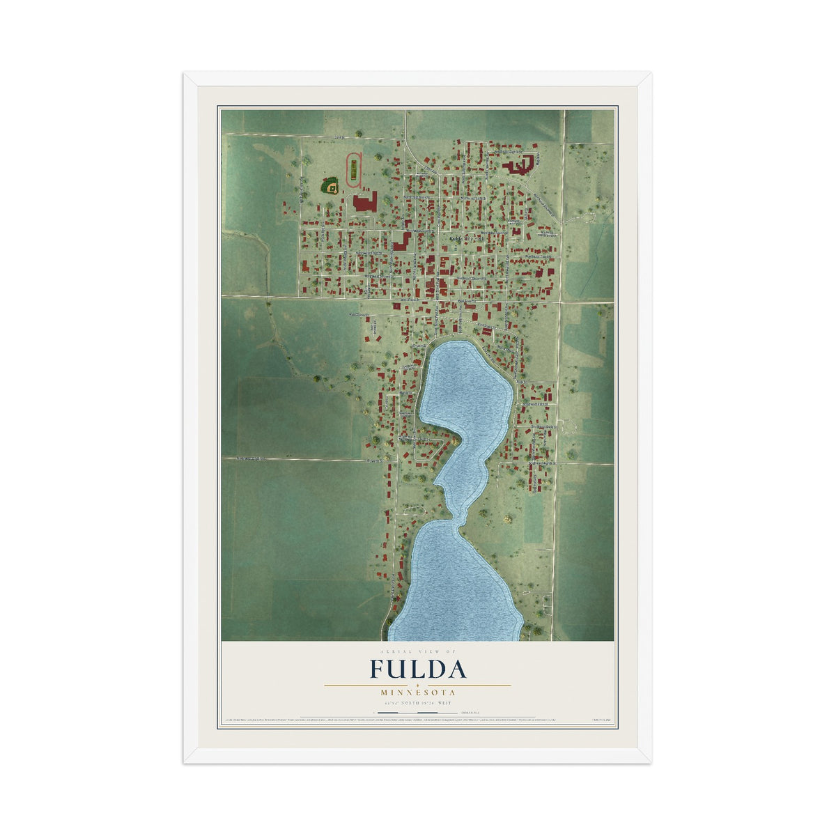Map of Fulda, Minnesota, 12 x 18 inch print in a white wood frame
