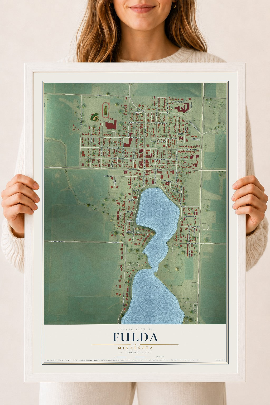 Map of Fulda, Minnesota, 18 x 24 inch print in a white wood frame