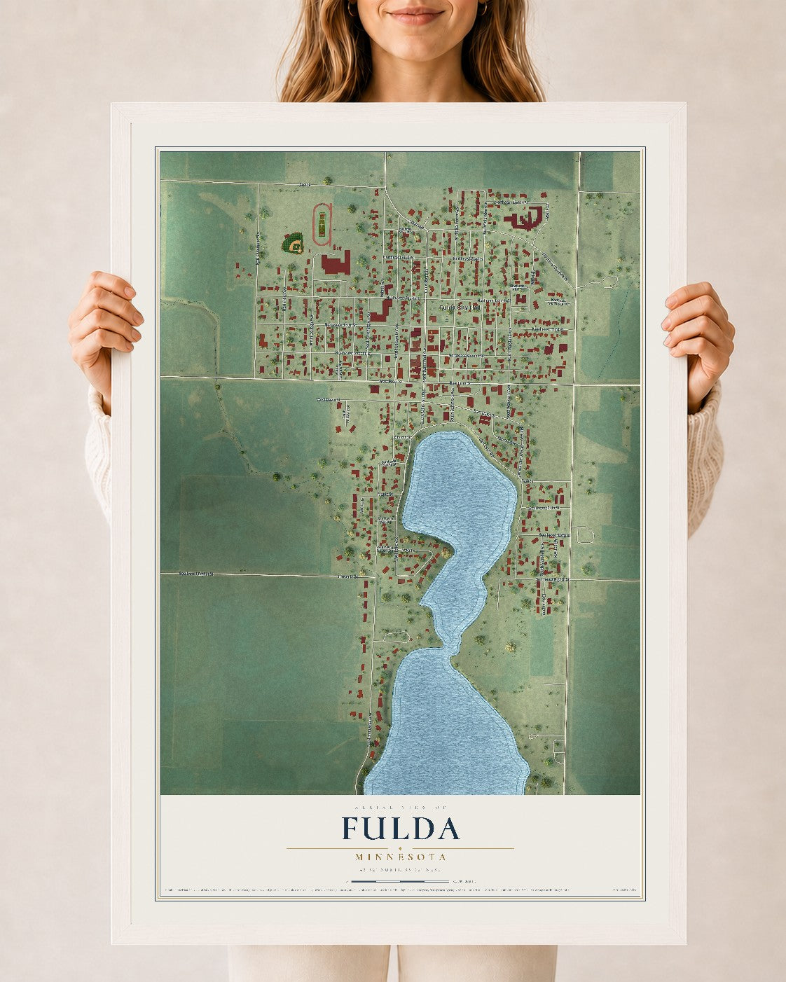 Map of Fulda, Minnesota, 24 x 36 inch print in a white wood frame