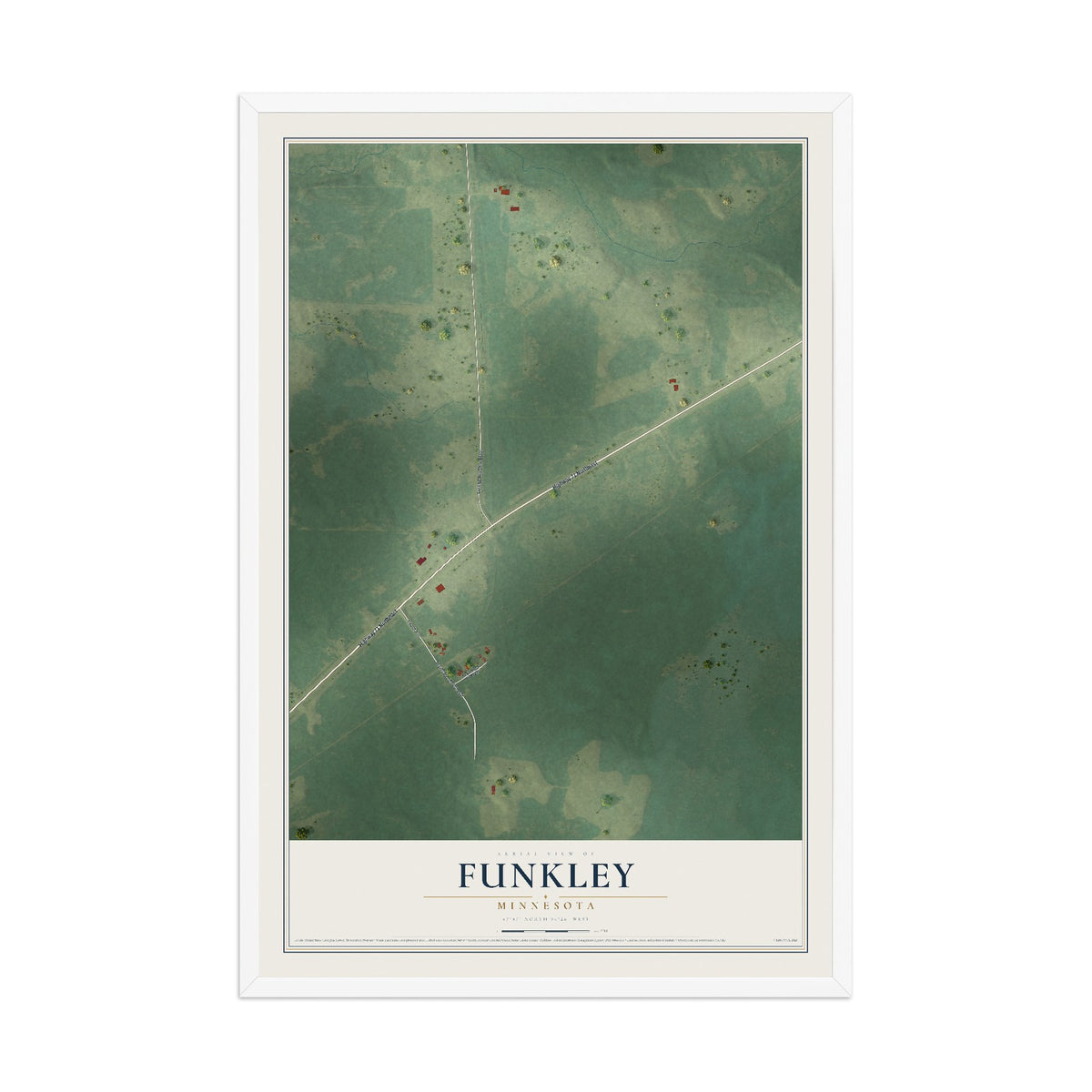 Map of Funkley, Minnesota, 12 x 18 inch print in a white wood frame