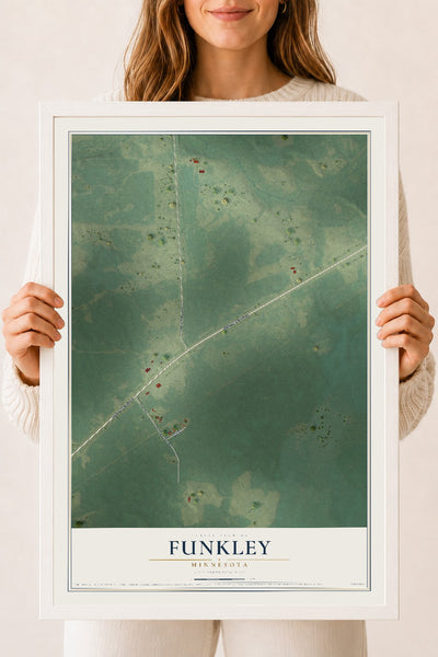 Map of Funkley, Minnesota, 18 x 24 inch print in a white wood frame