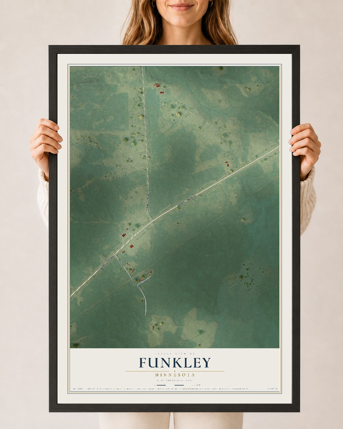 Map of Funkley, Minnesota, 24 x 36 inch print in a black wood frame