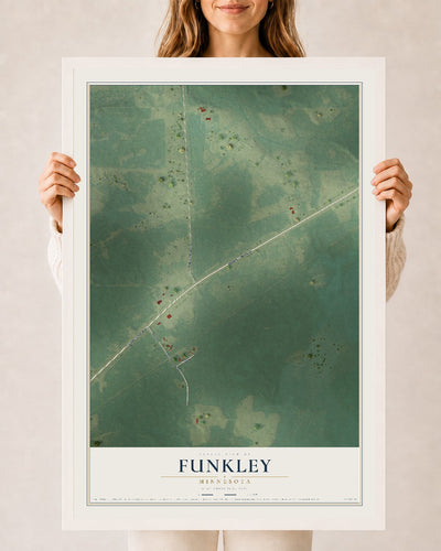 Map of Funkley, Minnesota, 24 x 36 inch print in a white wood frame