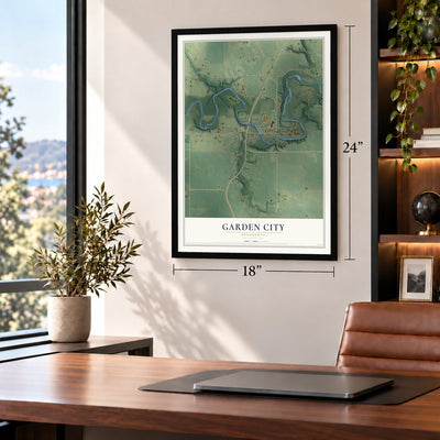 Garden City, Minnesota map, 18 x 24 inch print in a black frame in a home office