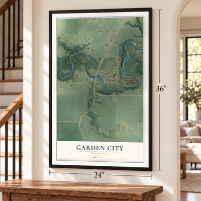 Garden City, Minnesota map, 24 x 36 inch print in a black frame by a staircase