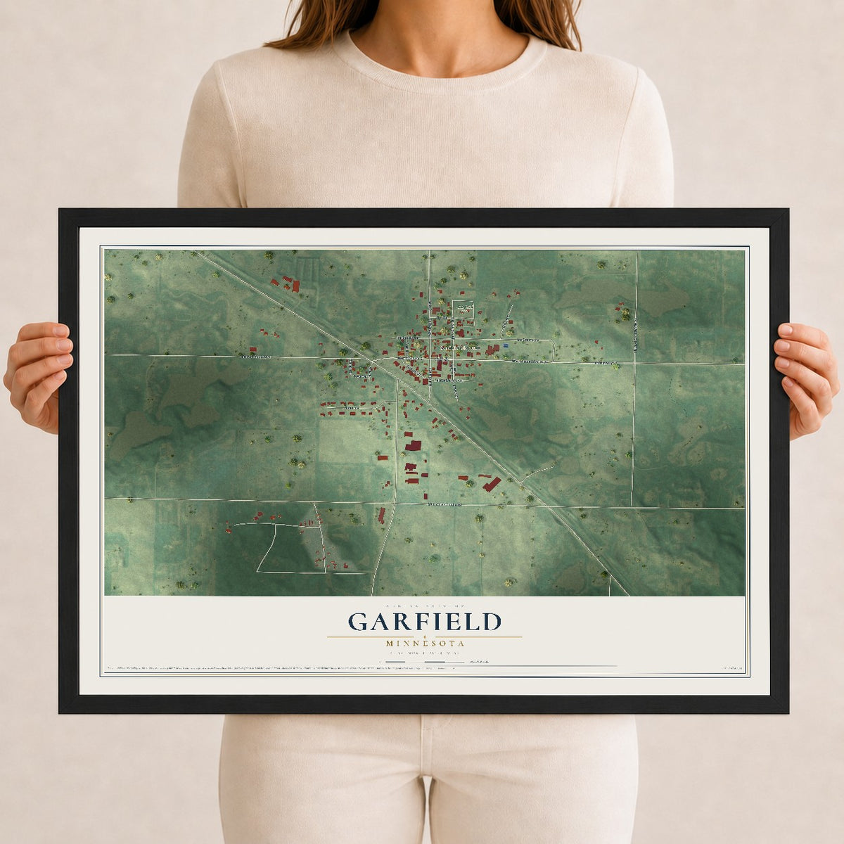 Map of Garfield, Minnesota, 12 x 18 inch print in a black wood frame