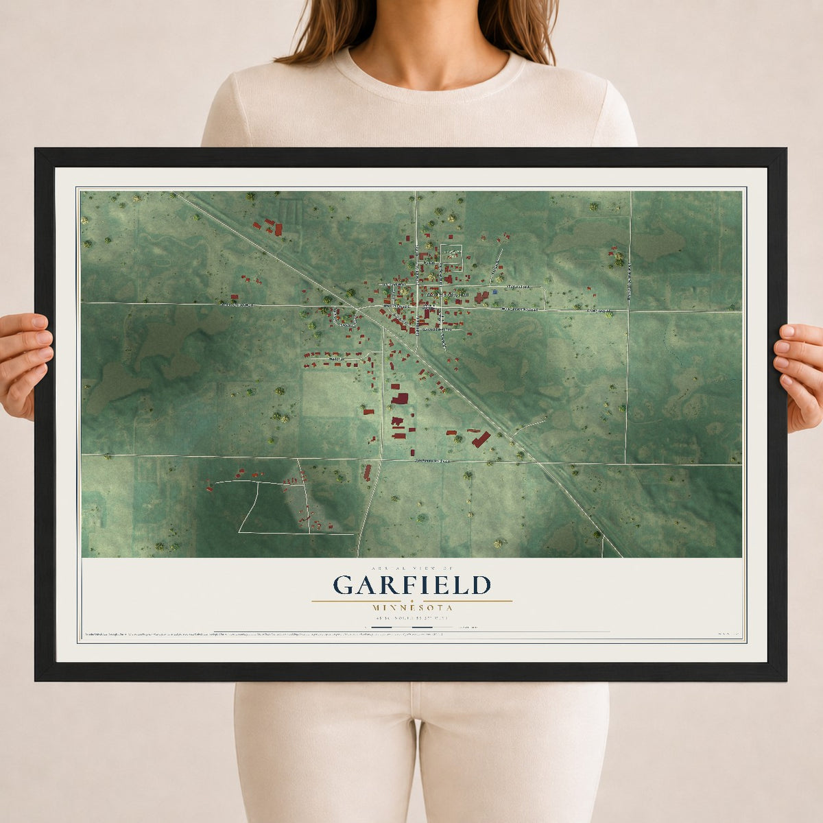 Map of Garfield, Minnesota, 18 x 24 inch print in a black wood frame