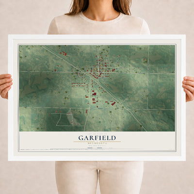Map of Garfield, Minnesota, 18 x 24 inch print in a white wood frame