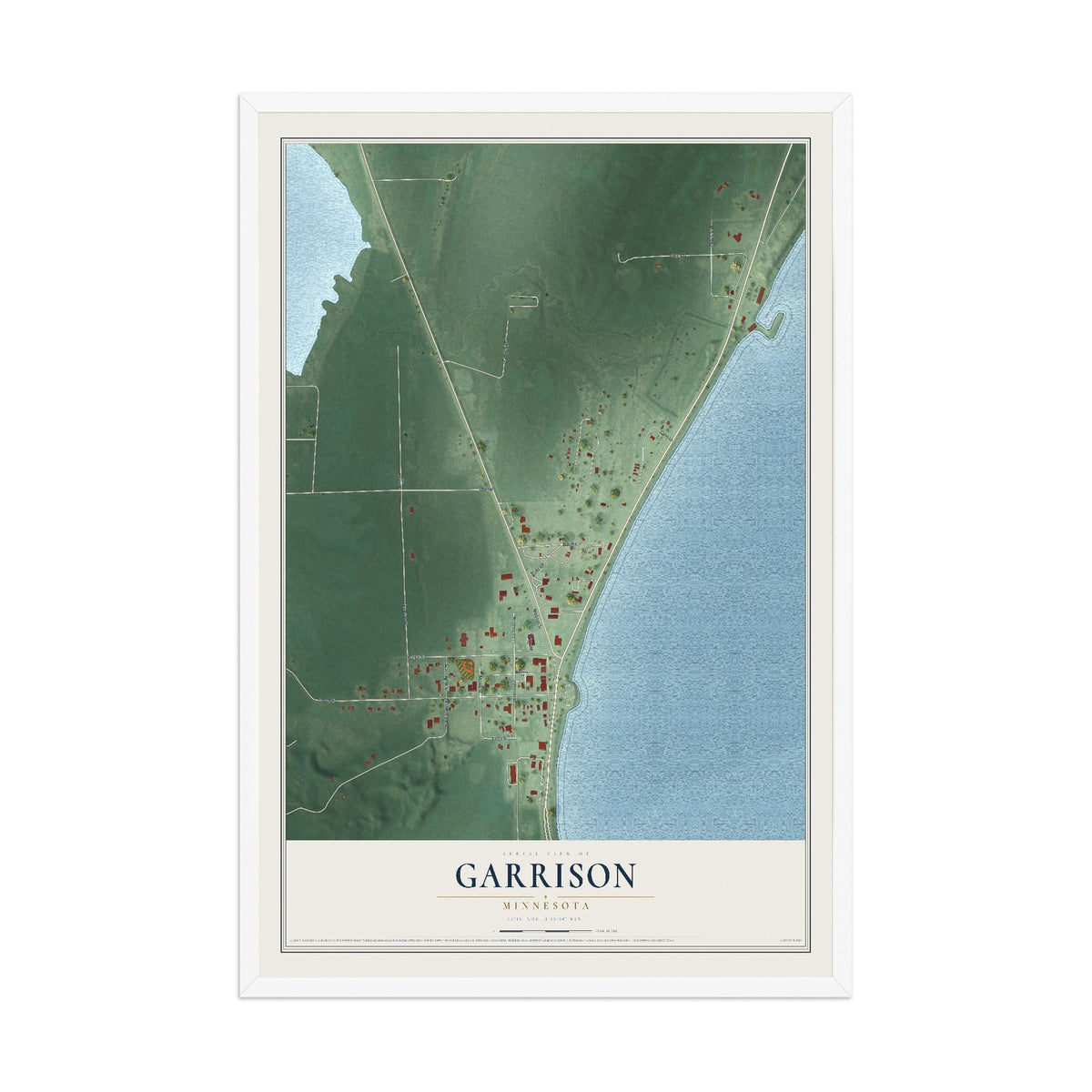 Map of Garrison, Minnesota, 12 x 18 inch print in a white wood frame