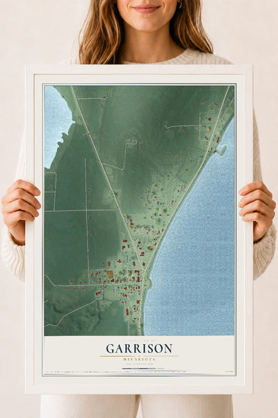Map of Garrison, Minnesota, 18 x 24 inch print in a white wood frame
