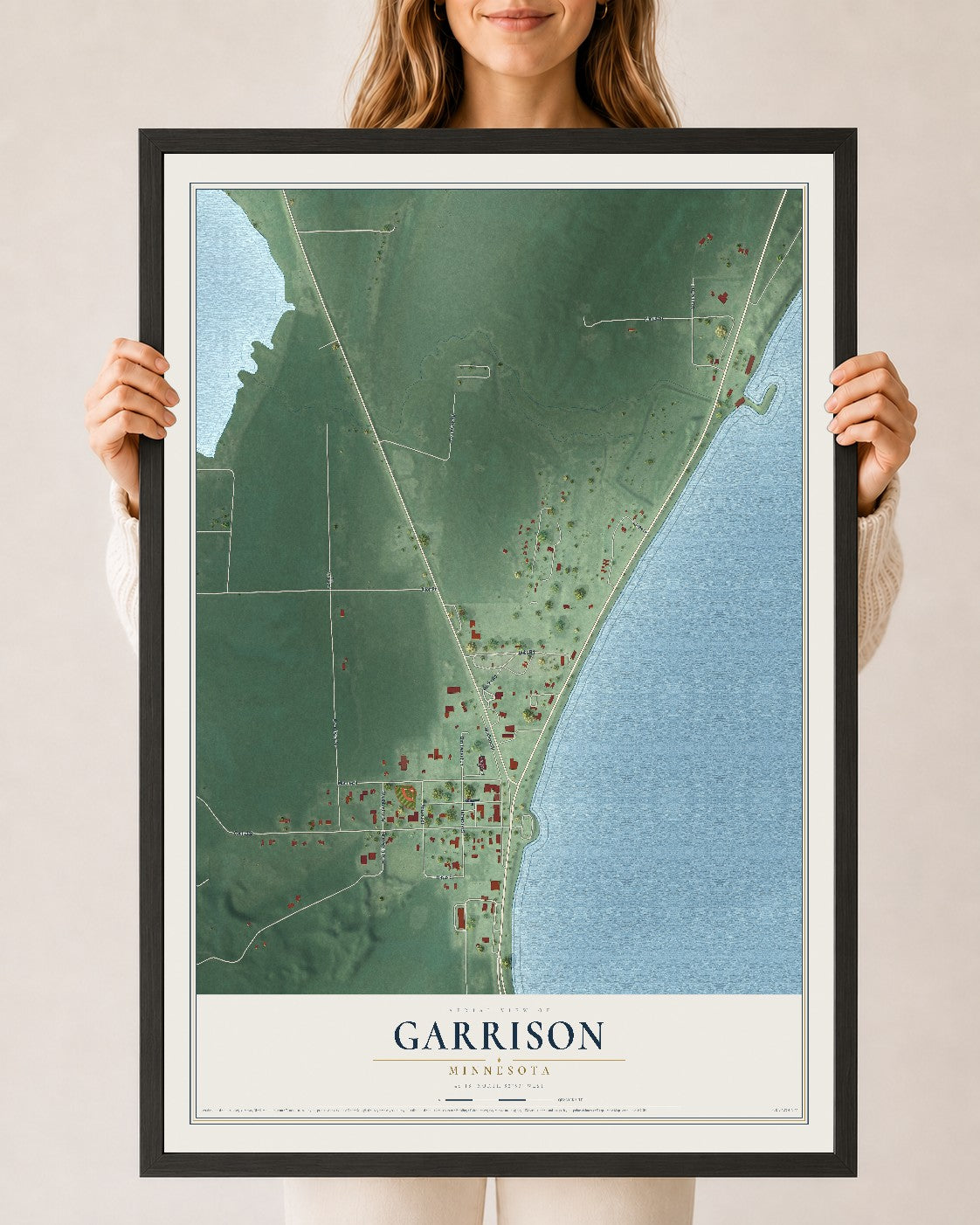 Map of Garrison, Minnesota, 24 x 36 inch print in a black wood frame