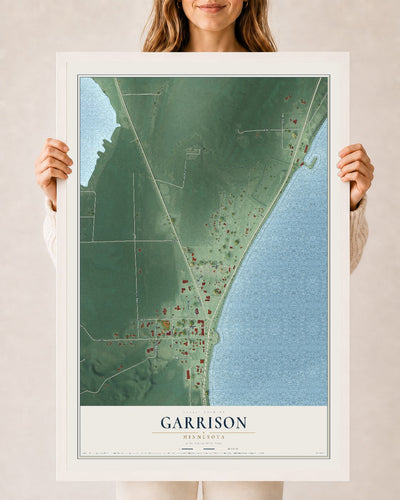 Map of Garrison, Minnesota, 24 x 36 inch print in a white wood frame