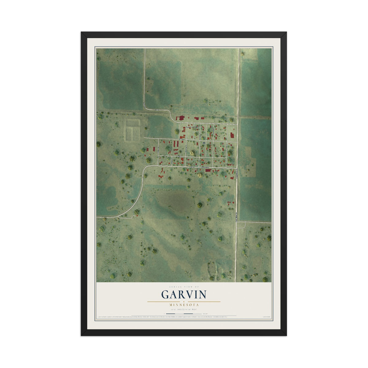 Map of Garvin, Minnesota, 12 x 18 inch print in a black wood frame