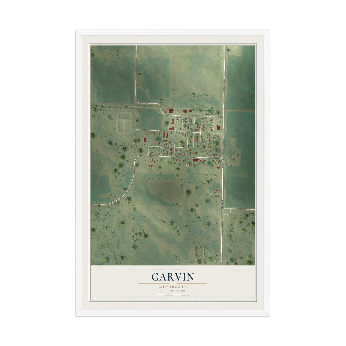 Map of Garvin, Minnesota, 12 x 18 inch print in a white wood frame