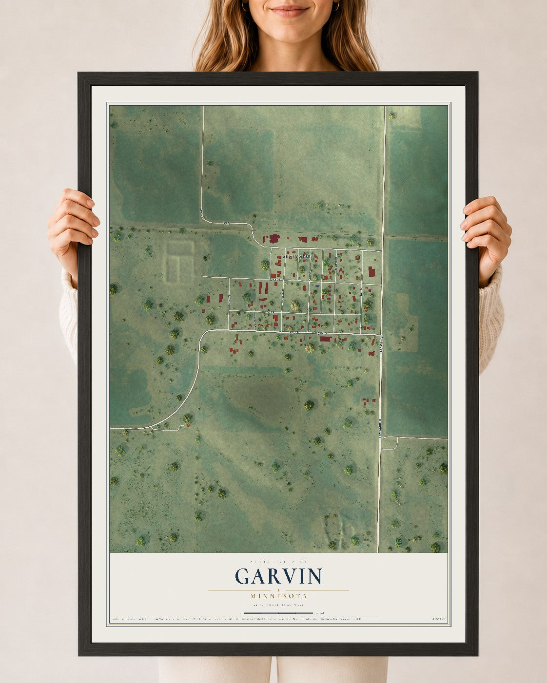 Map of Garvin, Minnesota, 24 x 36 inch print in a black wood frame