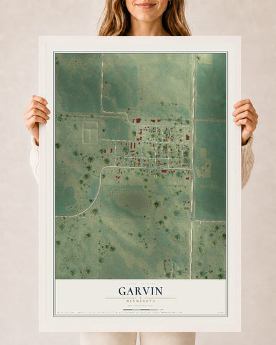 Map of Garvin, Minnesota, 24 x 36 inch print in a white wood frame