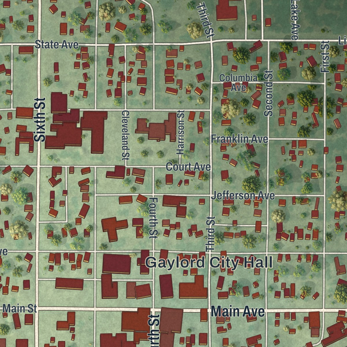 Close-up of the map of Gaylord, Minnesota print showing street and building detail
