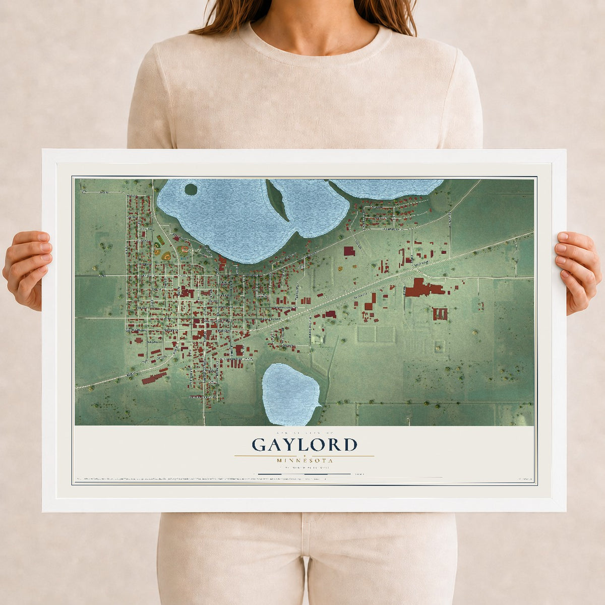 Map of Gaylord, Minnesota, 12 x 18 inch print in a white wood frame
