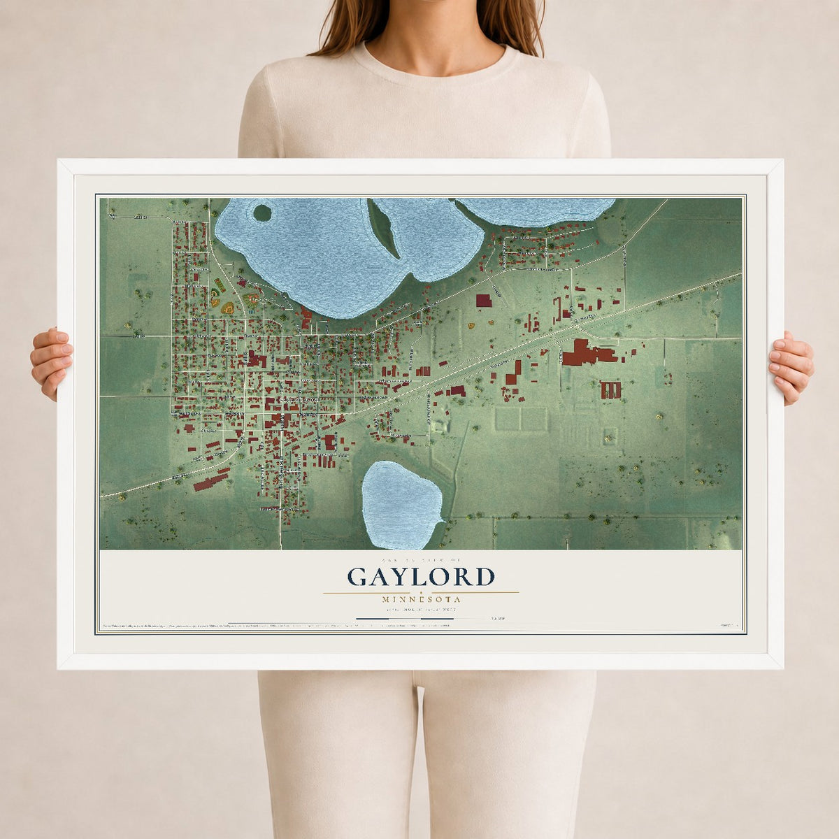 Map of Gaylord, Minnesota, 24 x 36 inch print in a white wood frame