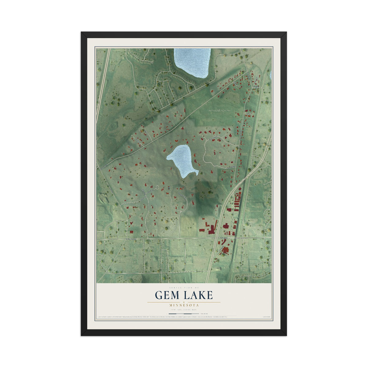 Map of Gem Lake, Minnesota, 12 x 18 inch print in a black wood frame