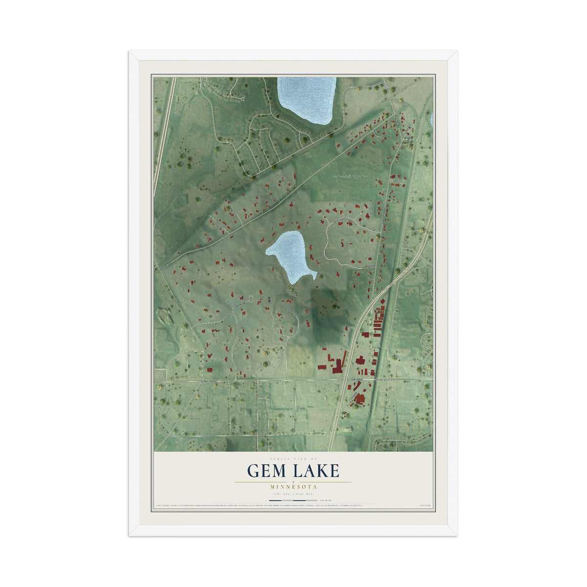 Map of Gem Lake, Minnesota, 12 x 18 inch print in a white wood frame