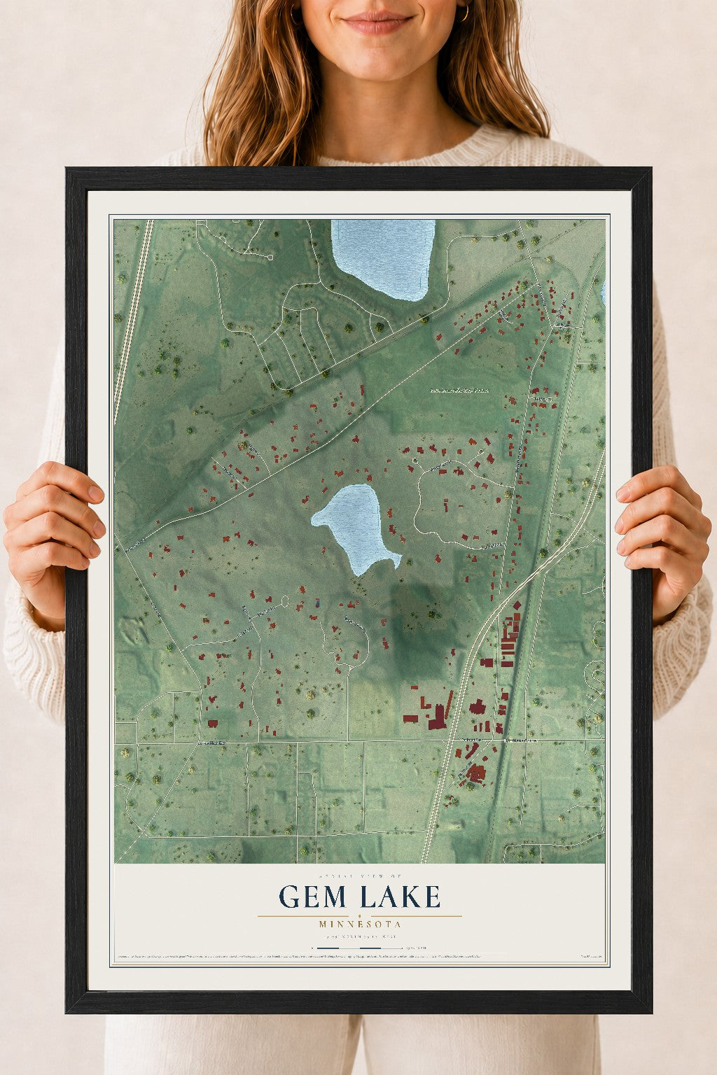 Map of Gem Lake, Minnesota, 18 x 24 inch print in a black wood frame
