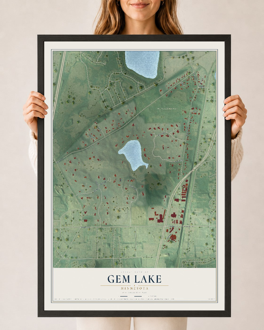 Map of Gem Lake, Minnesota, 24 x 36 inch print in a black wood frame