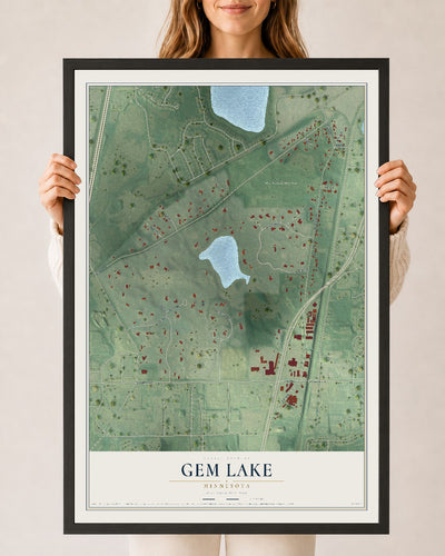 Map of Gem Lake, Minnesota, 24 x 36 inch print in a black wood frame