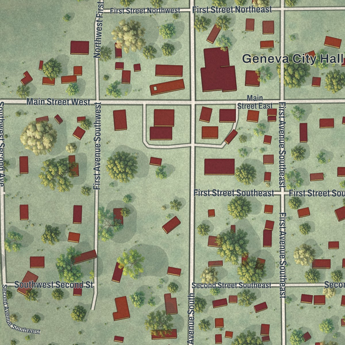 Close-up of the map of Geneva, Minnesota print showing street and building detail