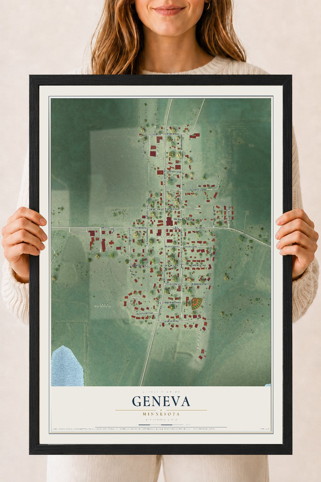Map of Geneva, Minnesota, 18 x 24 inch print in a black wood frame