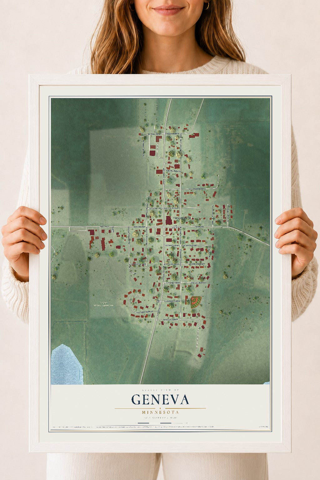 Map of Geneva, Minnesota, 18 x 24 inch print in a white wood frame