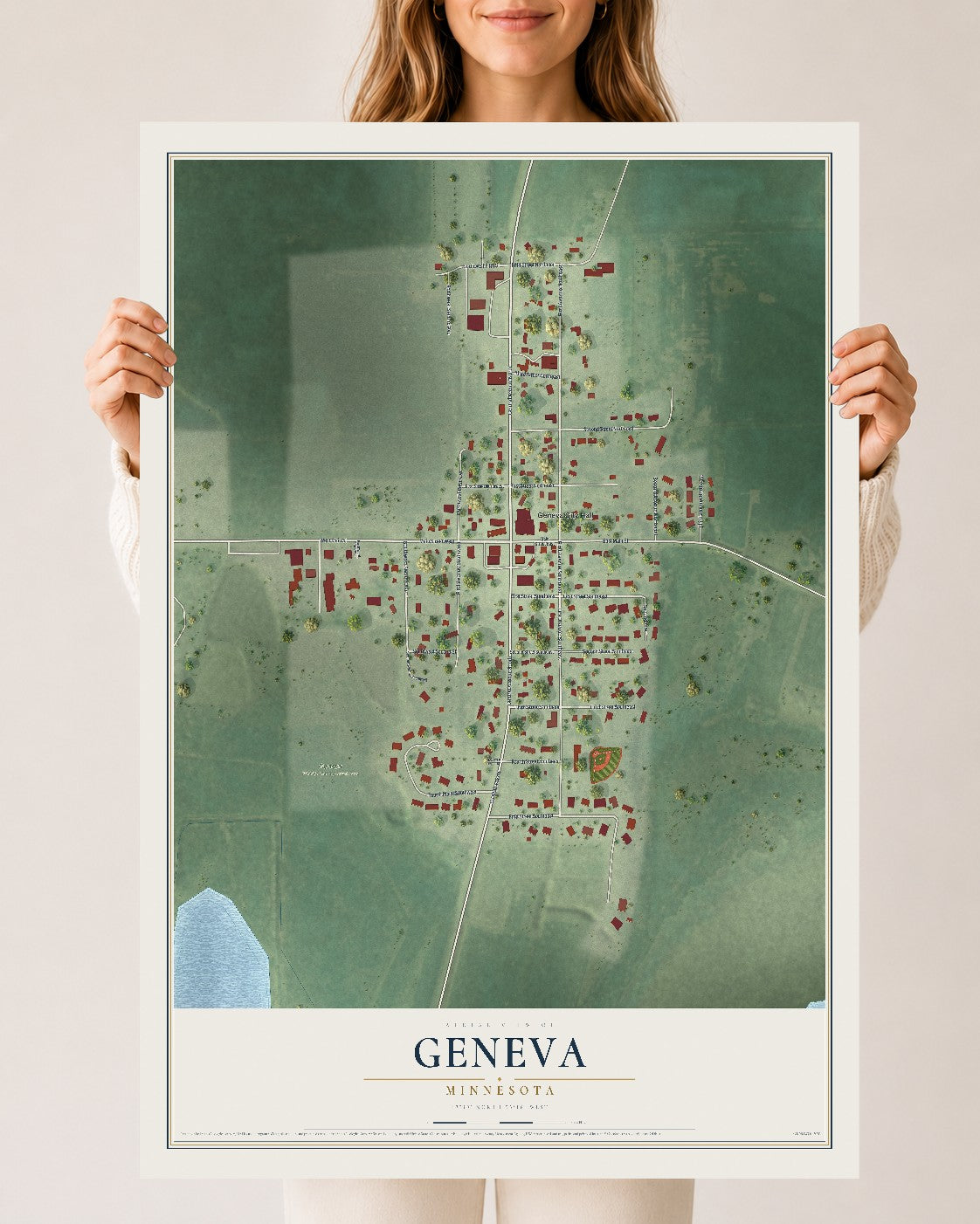 Map of Geneva, Minnesota, 24 x 36 inch unframed archival matte print