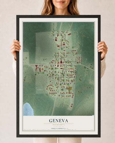 Map of Geneva, Minnesota, 24 x 36 inch print in a black wood frame