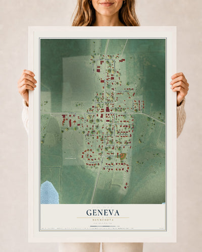 Map of Geneva, Minnesota, 24 x 36 inch print in a white wood frame