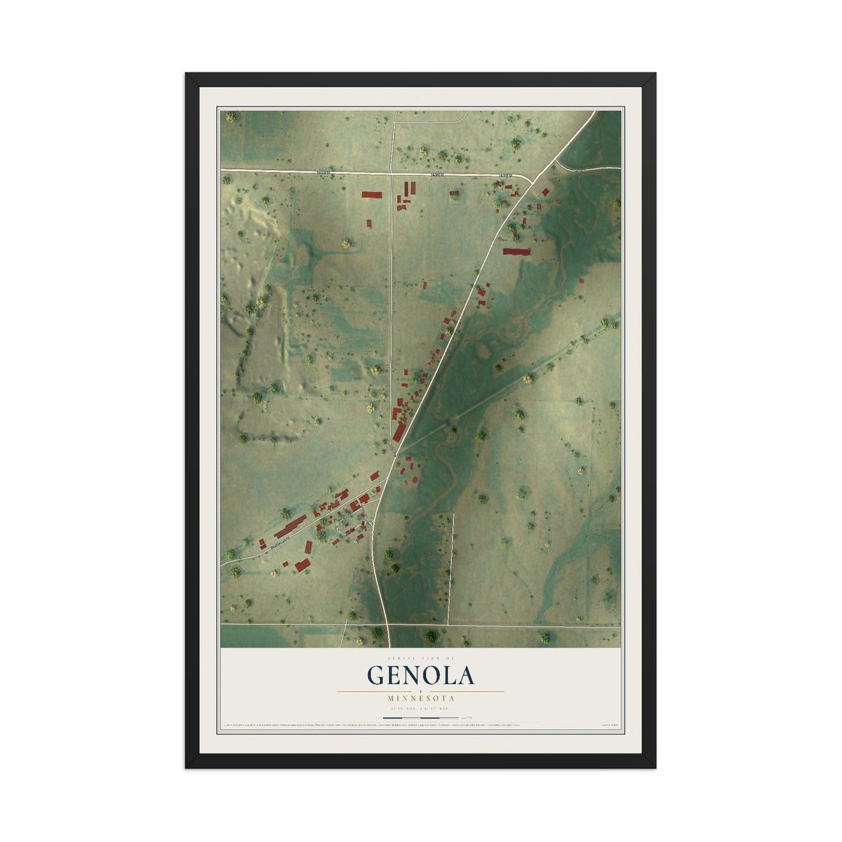 Map of Genola, Minnesota, 12 x 18 inch print in a black wood frame