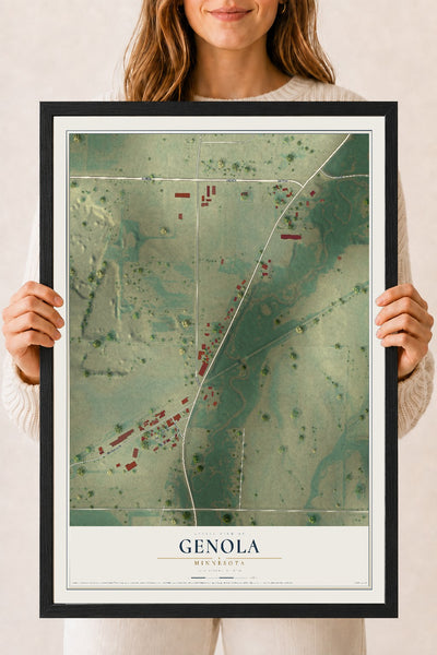 Map of Genola, Minnesota, 18 x 24 inch print in a black wood frame