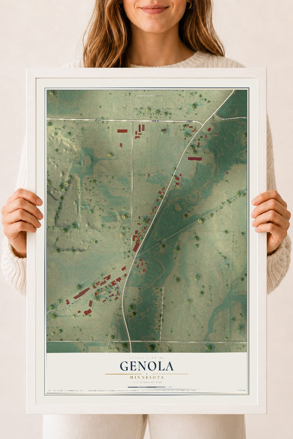 Map of Genola, Minnesota, 18 x 24 inch print in a white wood frame