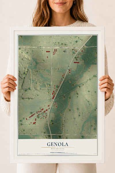 Map of Genola, Minnesota, 18 x 24 inch print in a white wood frame