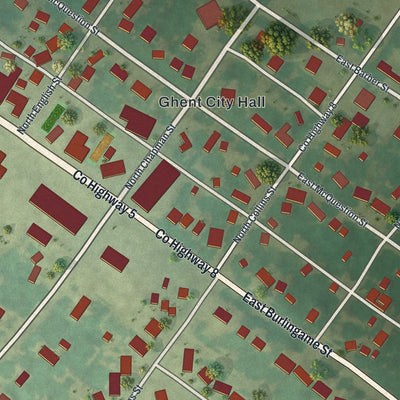 Close-up of the map of Ghent, Minnesota print showing street and building detail