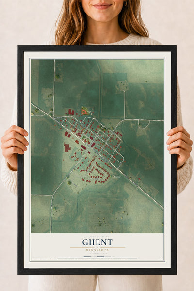 Map of Ghent, Minnesota, 18 x 24 inch print in a black wood frame