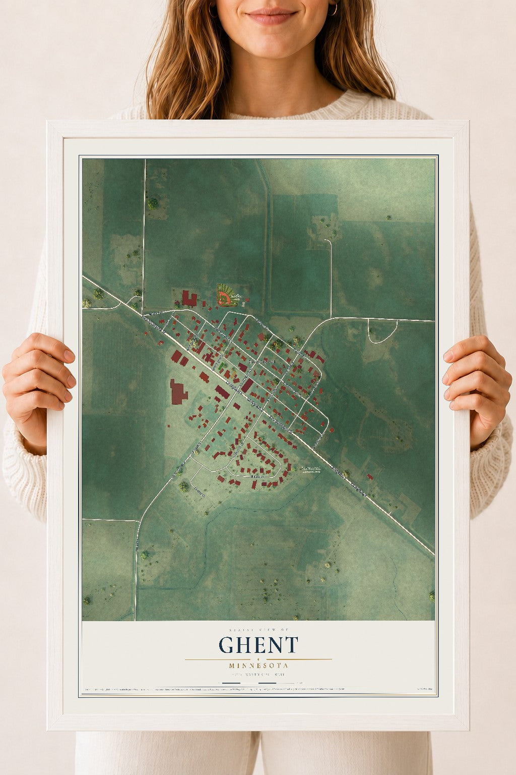 Map of Ghent, Minnesota, 18 x 24 inch print in a white wood frame