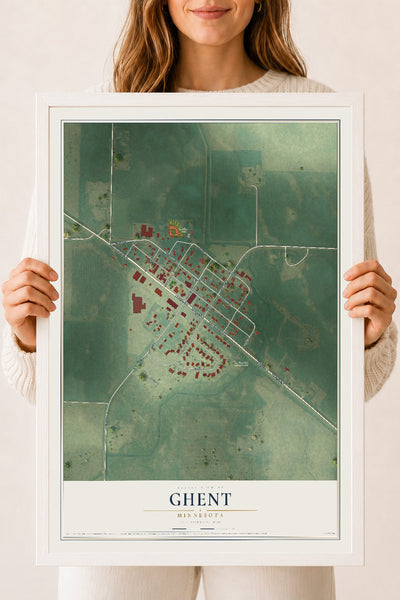 Map of Ghent, Minnesota, 18 x 24 inch print in a white wood frame