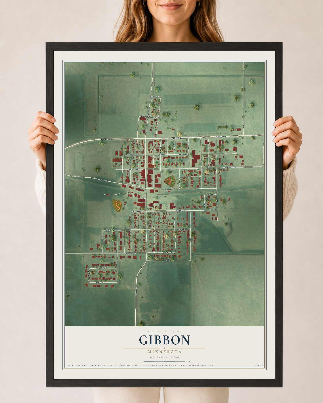 Map of Gibbon, Minnesota, 24 x 36 inch print in a black wood frame
