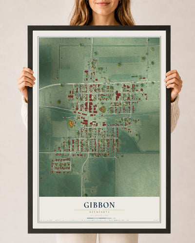 Map of Gibbon, Minnesota, 24 x 36 inch print in a black wood frame