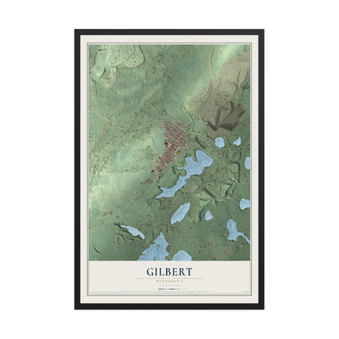 Map of Gilbert, Minnesota, 12 x 18 inch print in a black wood frame