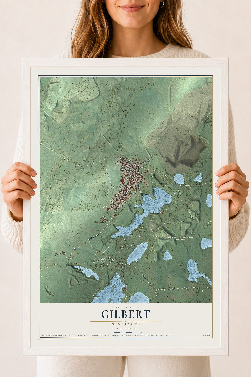 Map of Gilbert, Minnesota, 18 x 24 inch print in a white wood frame