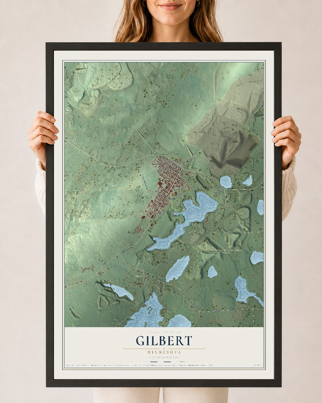 Map of Gilbert, Minnesota, 24 x 36 inch print in a black wood frame