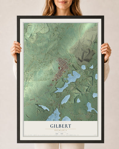 Map of Gilbert, Minnesota, 24 x 36 inch print in a black wood frame